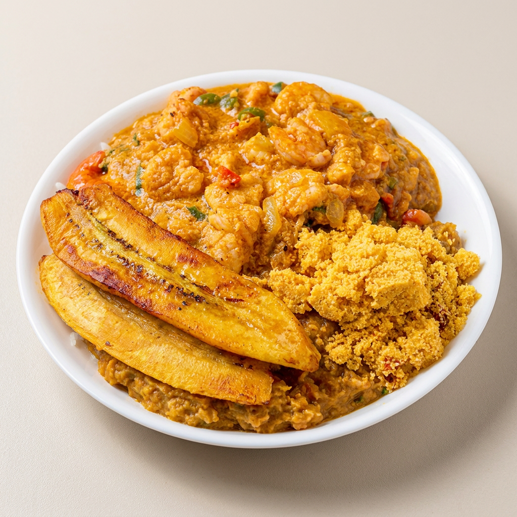 Vatapá, Caruru, arroz, feijão fradinho, farofa, banana e muqueca de camarão.
