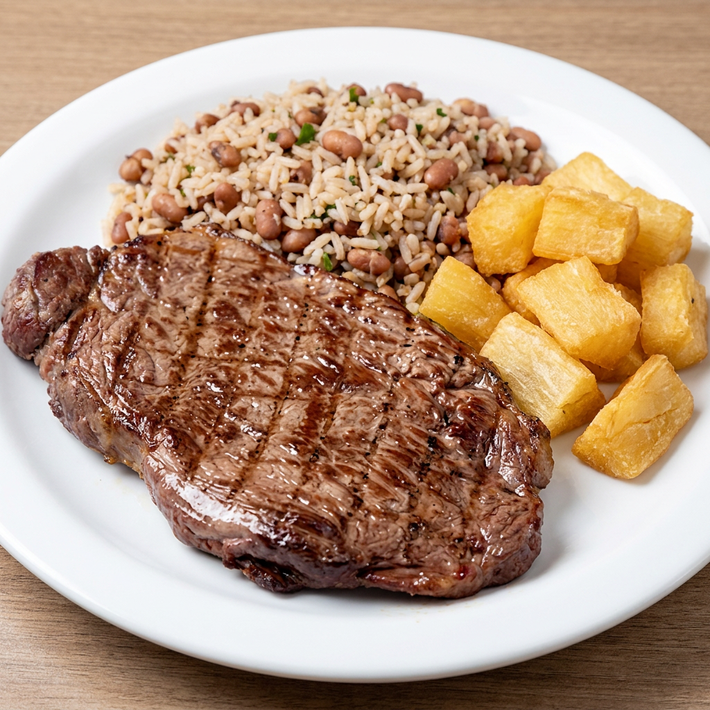 Baião de dois, Mandica Frita e 1 Bifé de Contra Filé.