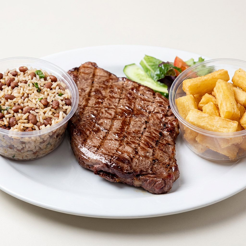 Baião de Dois, Mandioca Frita e 2 Bifes de Contra Filé.
