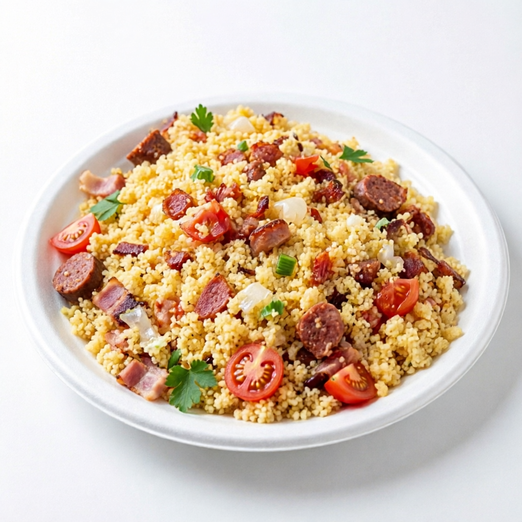 Cuscuz, bacon, calabresa, tomate e cheiro verde