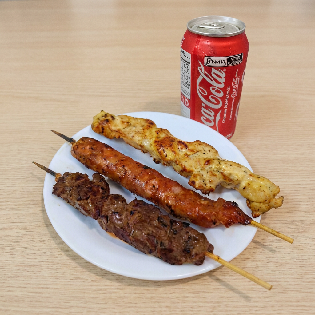 Combo - 1 Espeto de carne + 1 Espeto Linguiça + 1 Espeto Frango e 1 Coca-Cola 350ml
