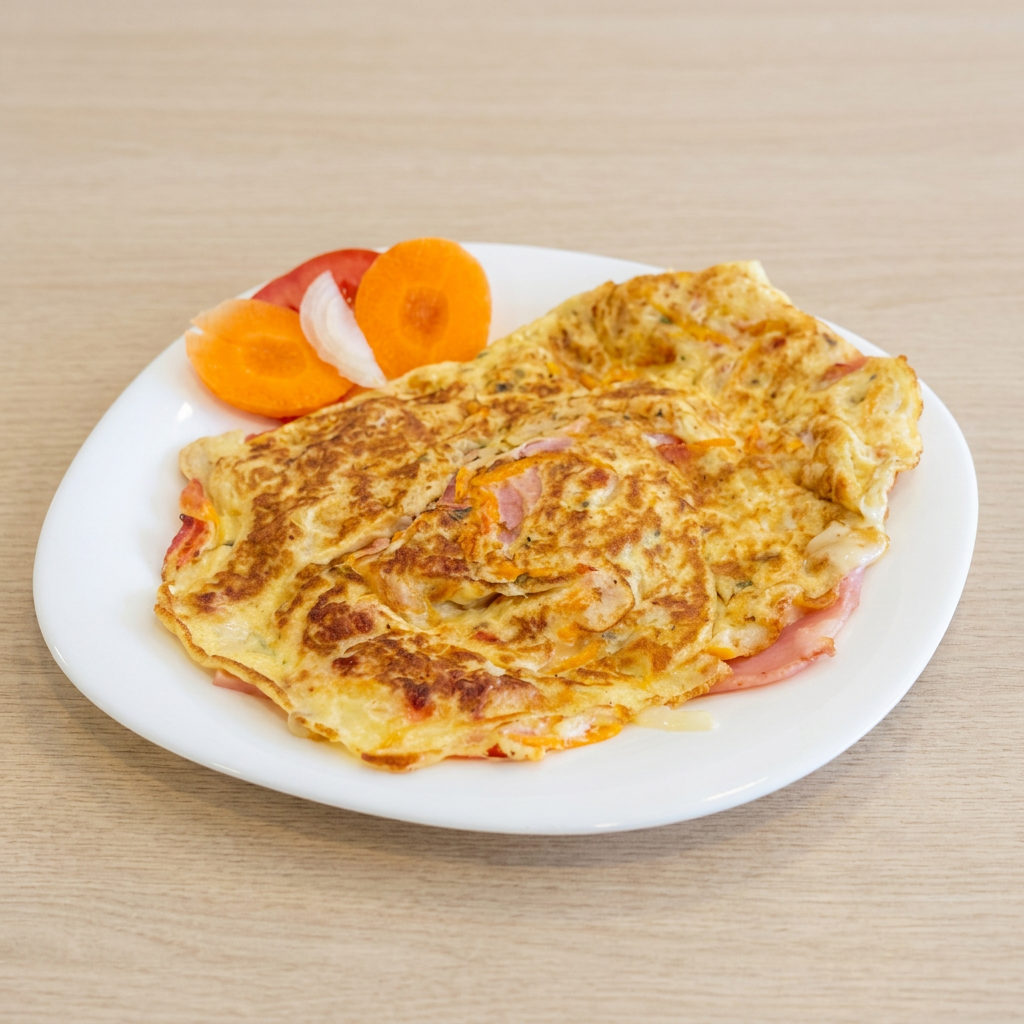 Omelete preparado na hora, macio e bem recheado, feito com ovos selecionados, tomate fresco, cebola, cenoura ralada, presunto e muçarela derretida. Uma opção saborosa e nutritiva, perfeita para qualquer hora do Dia, com ingredientes frescos que garantem muito sabor a cada mordida.