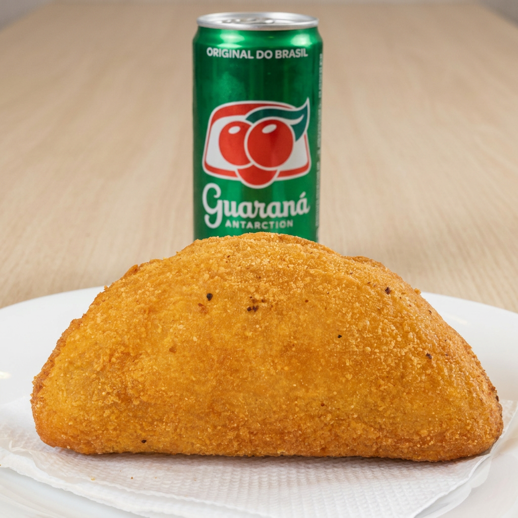 Pastelão de carne quentinho + Refri Guaraná lata 269g = a dupla perfeita pra matar a fome!
