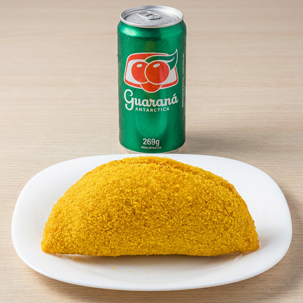 Pastelão de Frango quentinho + Refri Guaraná lata 269g = a dupla perfeita pra matar a fome!