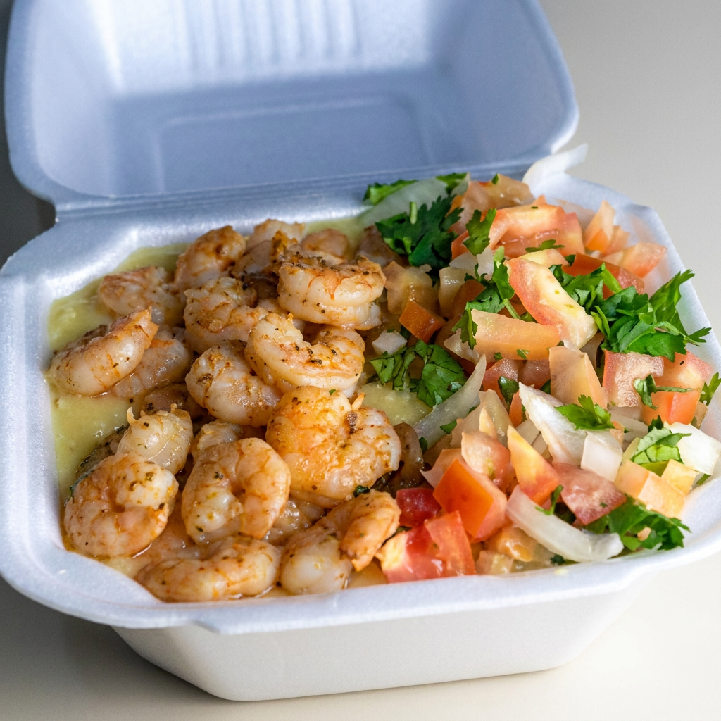 O prato combina um cremoso e saboroso pirão de aipim com camarão, refogado em temperos e azeite. O acompanhamento é uma refrescante salada vinagrete, com cebola e tomate, que equilibra a riqueza do prato.