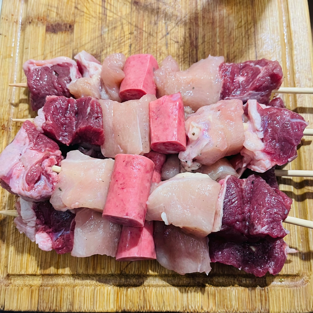 um mix de sabor entre carne frango e linguiça