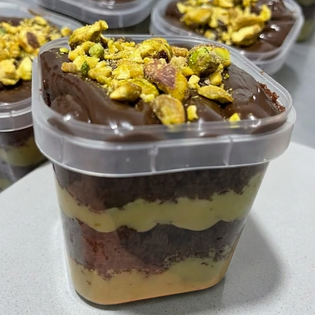 Deliciosa massa caseira de bolo de chocolate, com camadas de um delicioso creme gourmet de pistache, finalizado com nosso recheio caseito de brigadeiro 50% e grãos triturados de pistache.