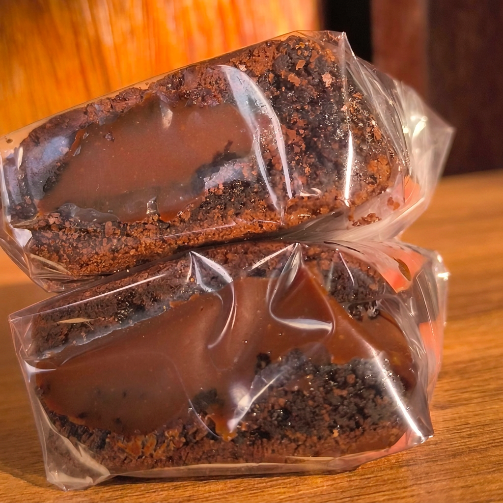 Sanduíche de brownie cremoso feito em chocolate 50% e bem recheado com brigadeiro aveludado