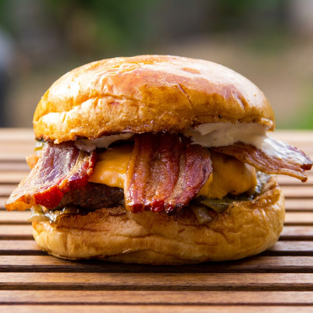 Blend de Costela 200g no Brioche, Bacon Crocante, Cheddar, Cream Cheese, Mussarela, Barbecue, Alface e Tomate Para Um Sabor Que Derrete Na Boca!
