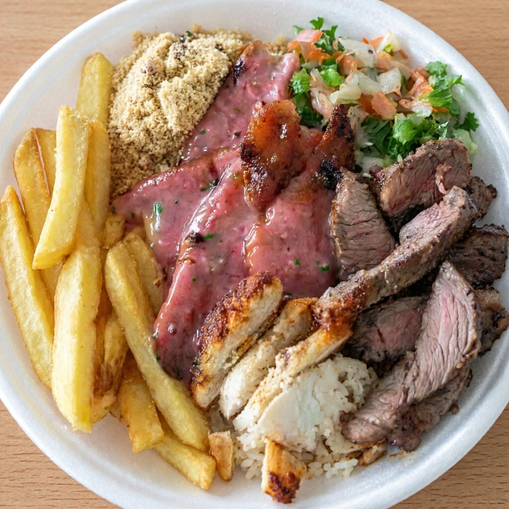 Churrasco misto acompanha: Arroz, farofa, molho vinagrete, salpicão e batata frita