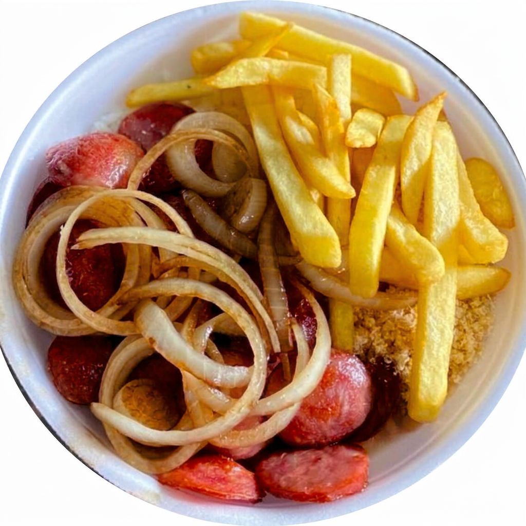 Acompanhamento: Arroz, feijão, farofa, salpicão e batata frita