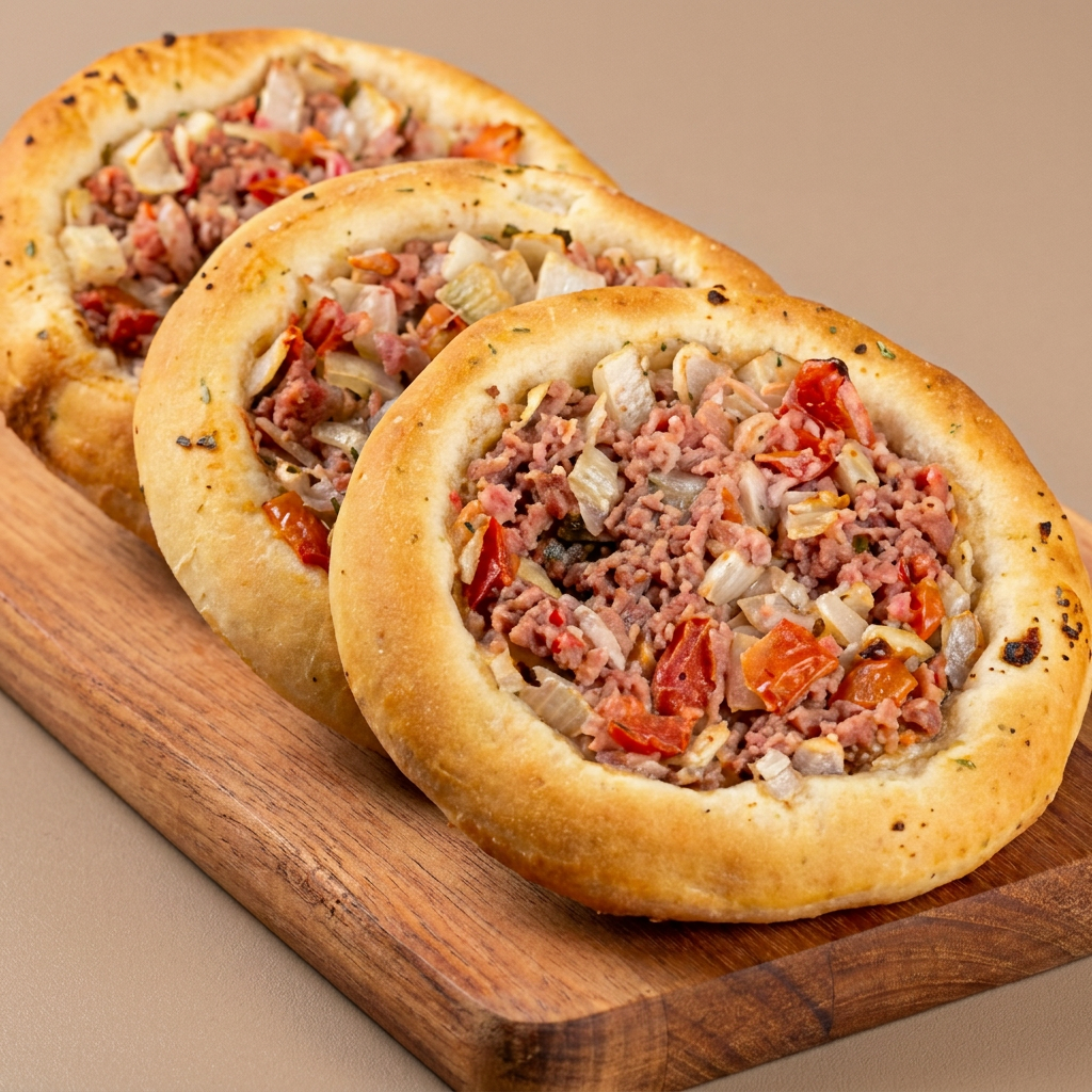 ESFIHA DE CARNE TEMPERADA COM CEBOLA E TOMATE