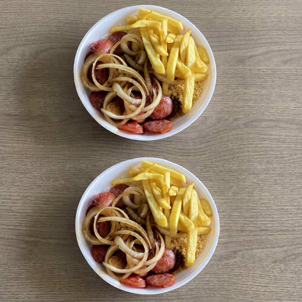 Acompanhamento: Arroz, feijão, farofa, salpicão e batata frita