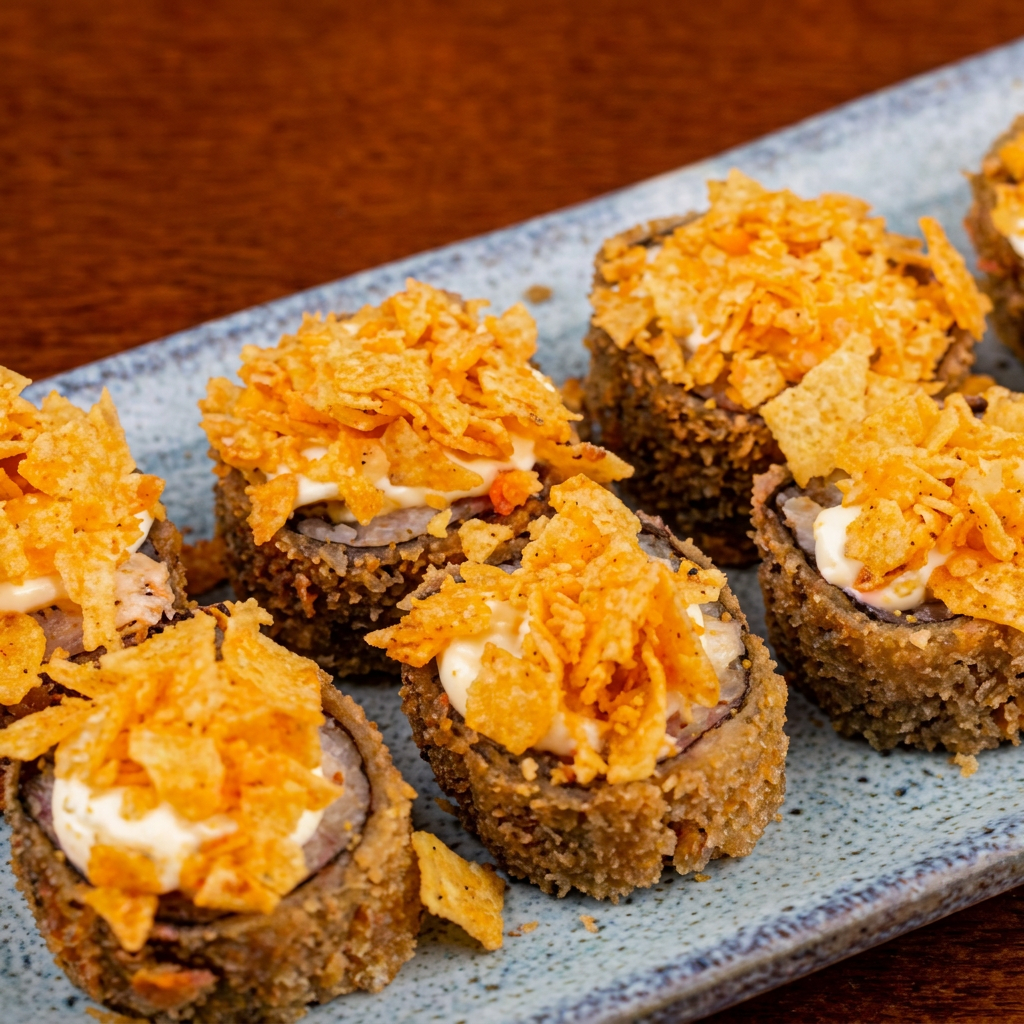 Salmão grelhado, cream cheese, nori, farinha panko, arroz e Doritos.