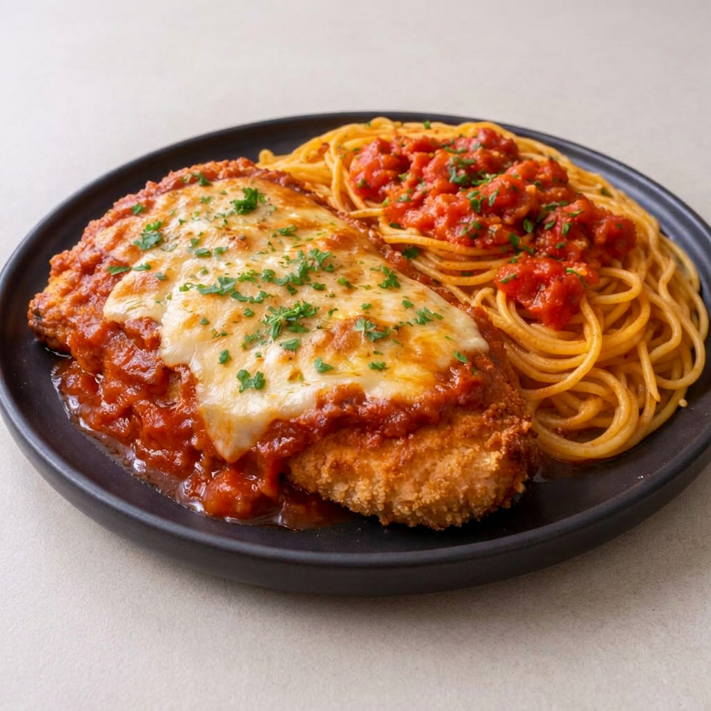 Marmitex Espaguete ao Molho Sugo com Parmegiana de Frango. Uma refeição cheia de sabor para o seu almoço!