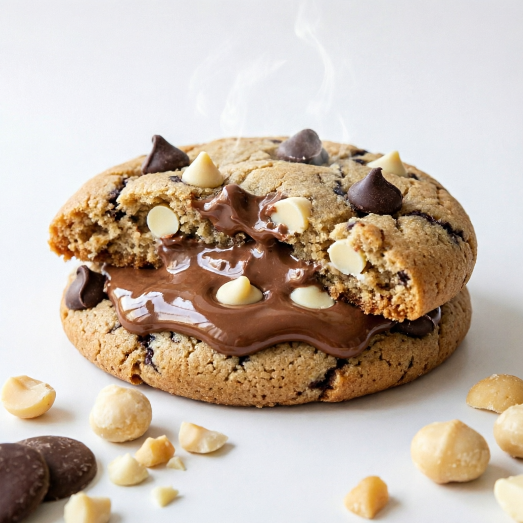 Cookie com gotas de chocolate ao leite e chocolate branco com recheio de Ninho com Nutella