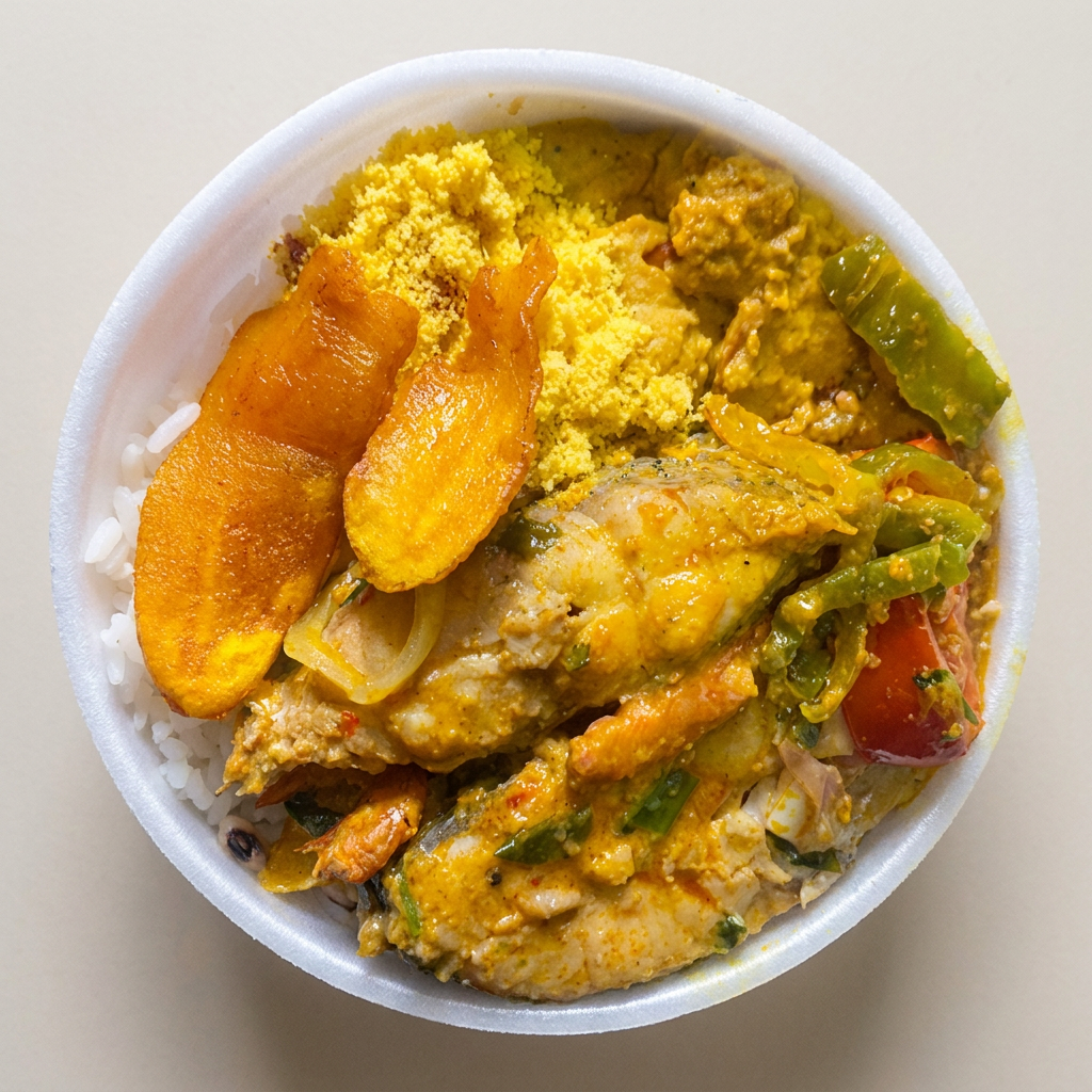 Vatapá, Caruru, arroz, feijão fradinho, farofa, banana e muqueca de corvina.