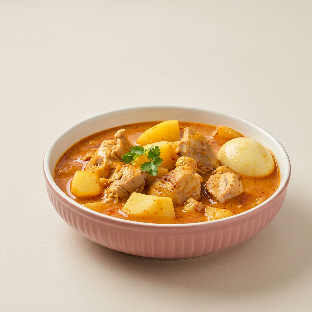 Curry é um tipo de curry influenciado pela musla do sul da Índia ou guru ma curry. Que tem mais água do que o curry Guruma do norte da Índia. As principais especiarias usadas no curry indiano-paquistanês incluem batata, cebola, cenoura,cominho, pimenta indiana em pó, pimenta moída, açafrão,
Acompanhamento com arroz.
Observação: curry a pimentado
