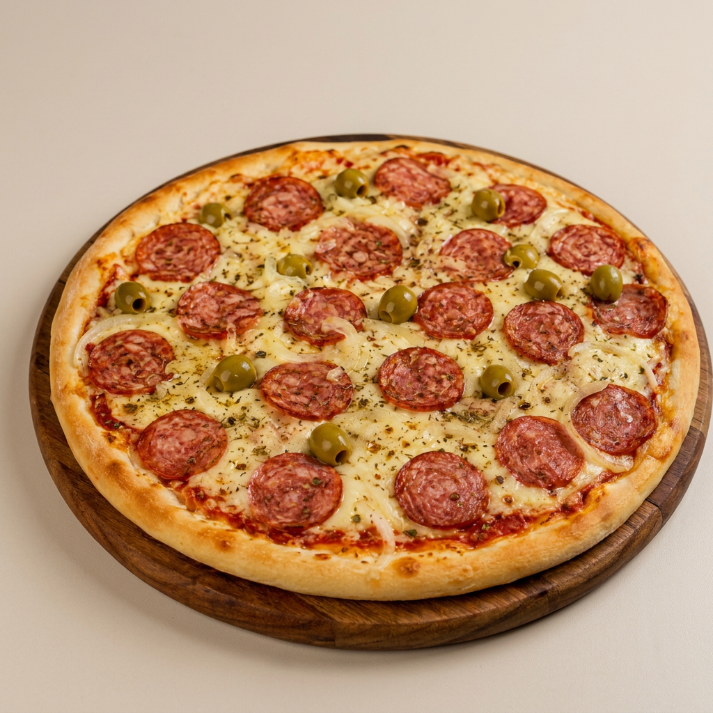 MASSA, MOLHO DE TOMATE, MUSSARELA,CALABRESA, OREGANO , AZEITONA E ORÉGANO.