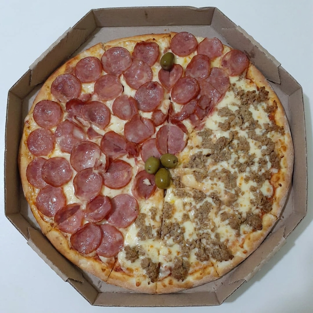 Saborosa pizza regada de molho natural de tomate, sabor meia mussarela + meia milho verde, tamanho grande, 8 fatias (Nao trabalhamos com sachês)
