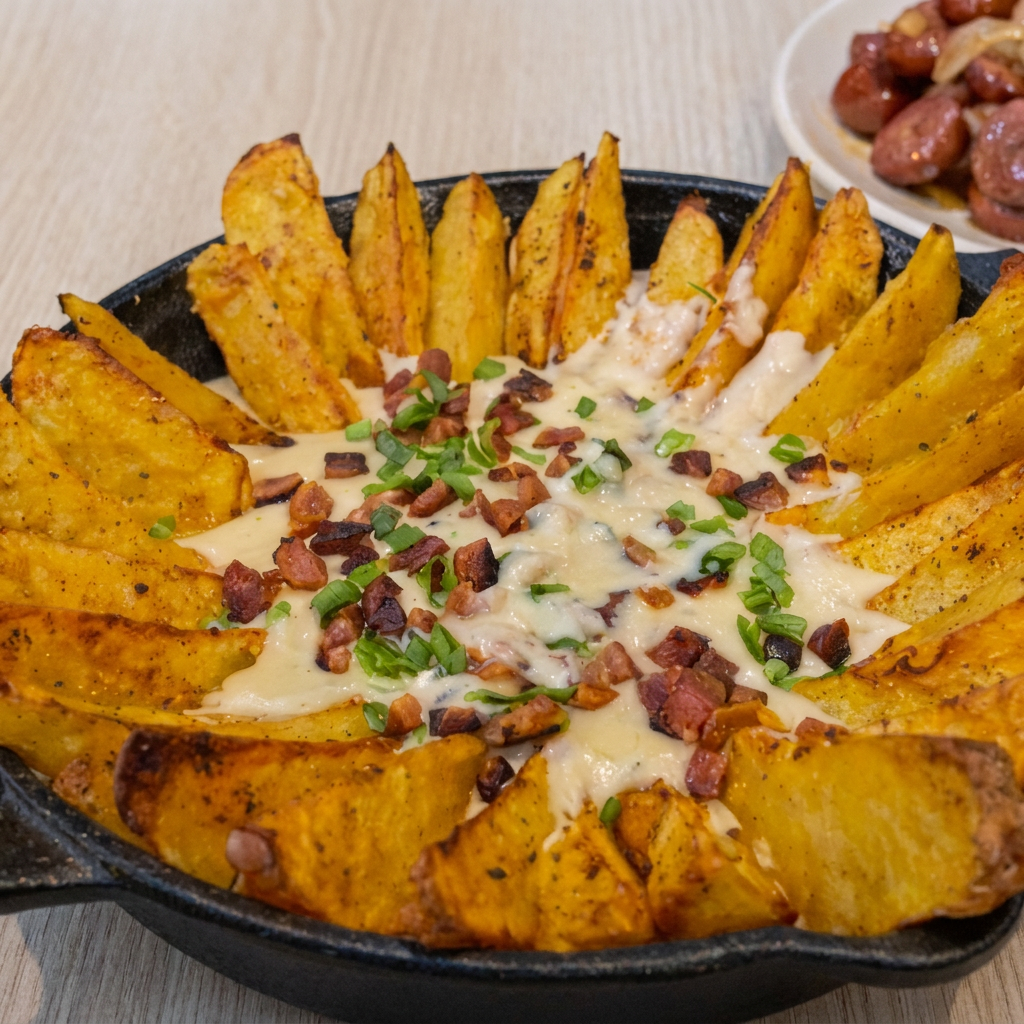 Porção de batatas rústicas artesanais, servidas com uma camada generosa de creme de queijo, bacon crocante e calabresa. Crocância por fora, maciez por dentro e muito sabor em cada mordida.