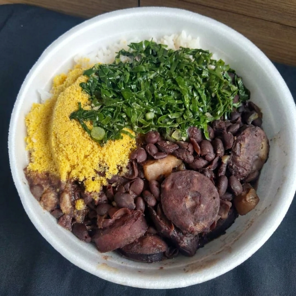 Arroz, feijoada, farofa, couve crua e laranja