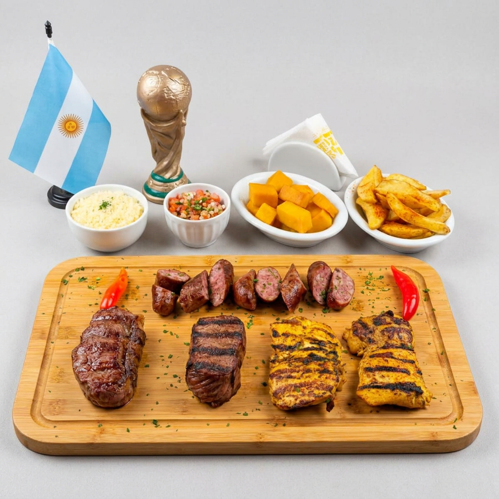 A tábua completa da Brasa Porteña na sua mesa. Ojo de bife, bife de chorizo e frango grelhados na parrilla, três linguiças argentinas e quatro acompanhamentos: polenta, batatas em chamas, arroz branco e vinagrete. Tudo que a parrilla tem de melhor, servido do jeito que o Dani serve — generoso e sem cerimônia.