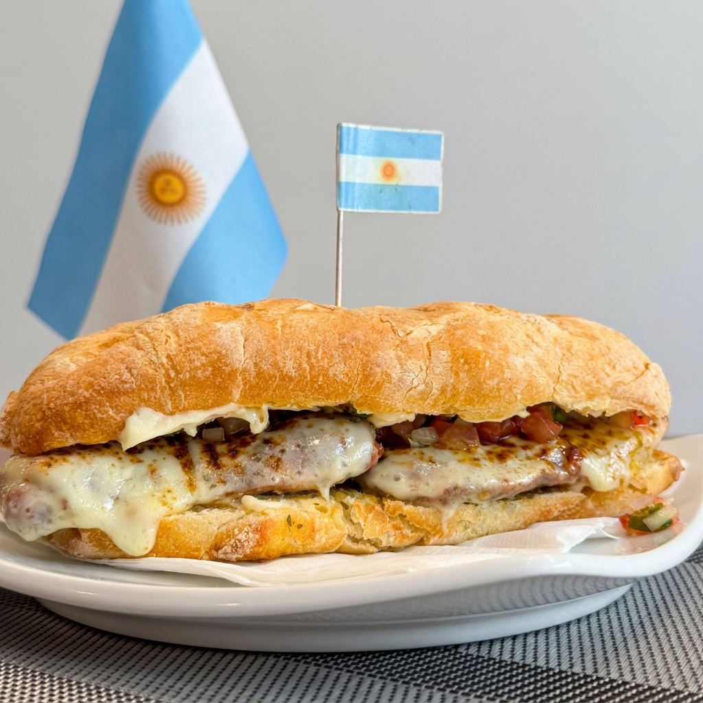 Linguiça especial grelhada, muçarela gratinada, Catupiry, vinagrete e chimichurri. O choripán turbinado — pra quem acha que tradição é só o ponto de partida.