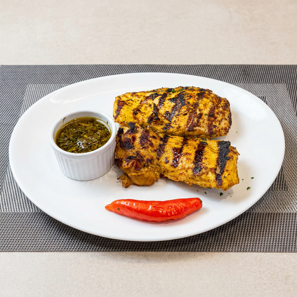 Peito e sobrecoxa grelhados na parrilla com o chimichurri da casa — o mesmo que o Dani prepara há décadas. Carne suculenta, crosta marcada na grelha e o perfume de ervas que só parrilla de verdade dá. Acompanha duas guarnições à sua escolha.
