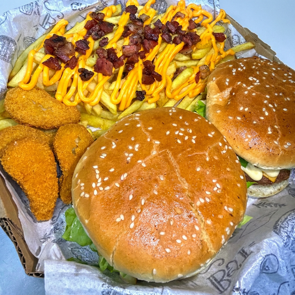 Caixa de Hamburguer com 2 Duplo Cheddar + Batata com Calabresa, Bacon e Queijo Derretido + Porção de Nuggets