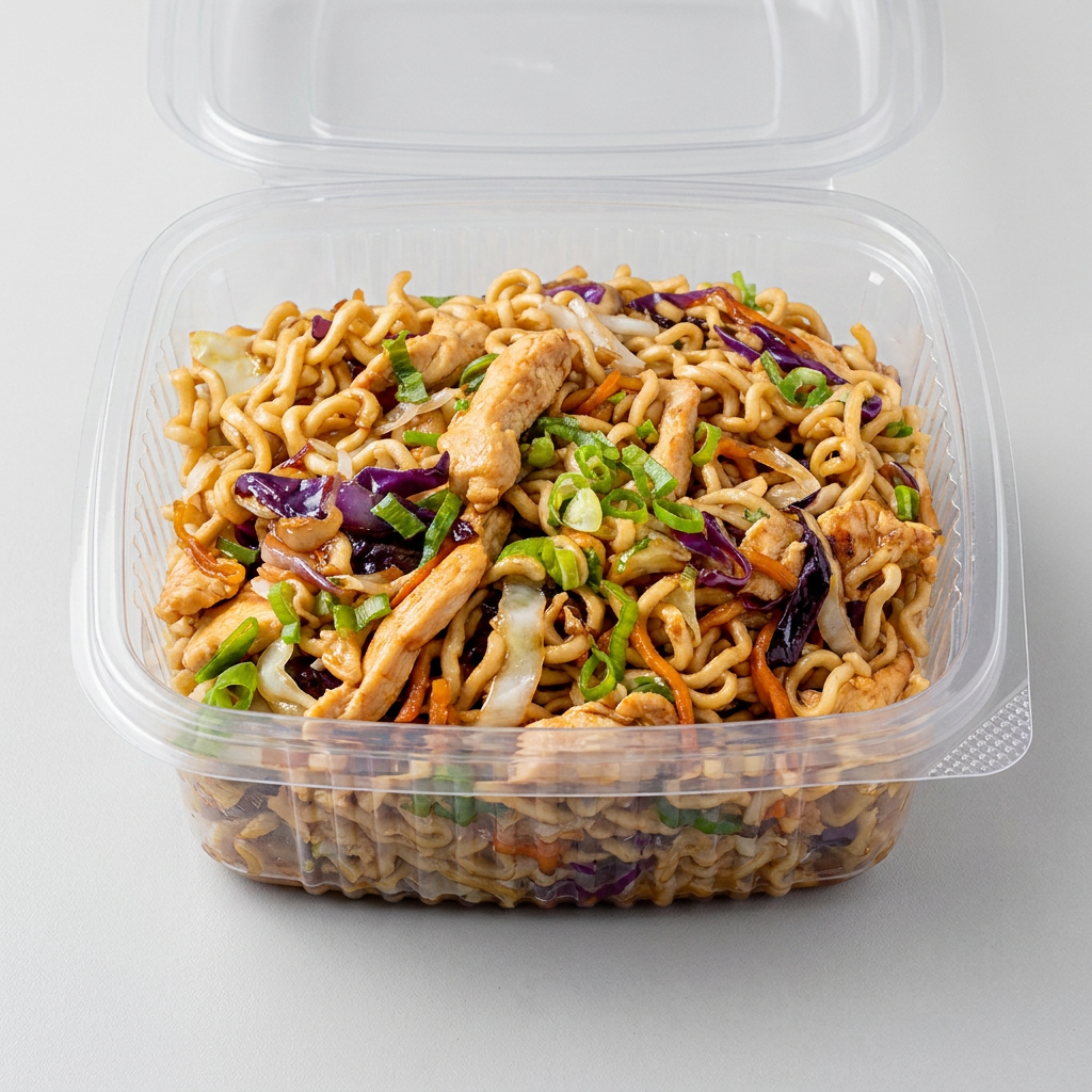 Macarrão Oriental Tipo Nissin, Mix de legumes (Repolho Branco, Repolho Roxo e Cenoura ) e Frango Grelhados em Molho Oriental.