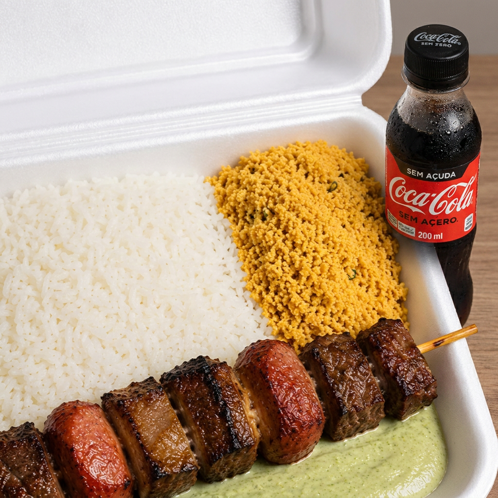 Marmitex de Aproximadamente 400g onde acompanha: Arroz, farofa, molho verde da casa carne e linguiça.