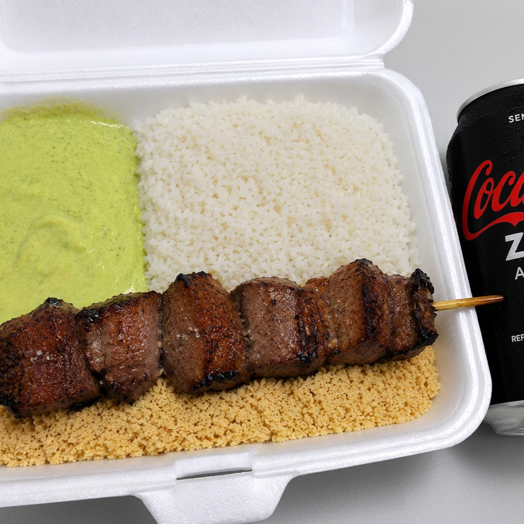 Marmitex de Aproximadamente 400g onde acompanha: Arroz, farofa, molho verde da casa e 1 espeto de carne.