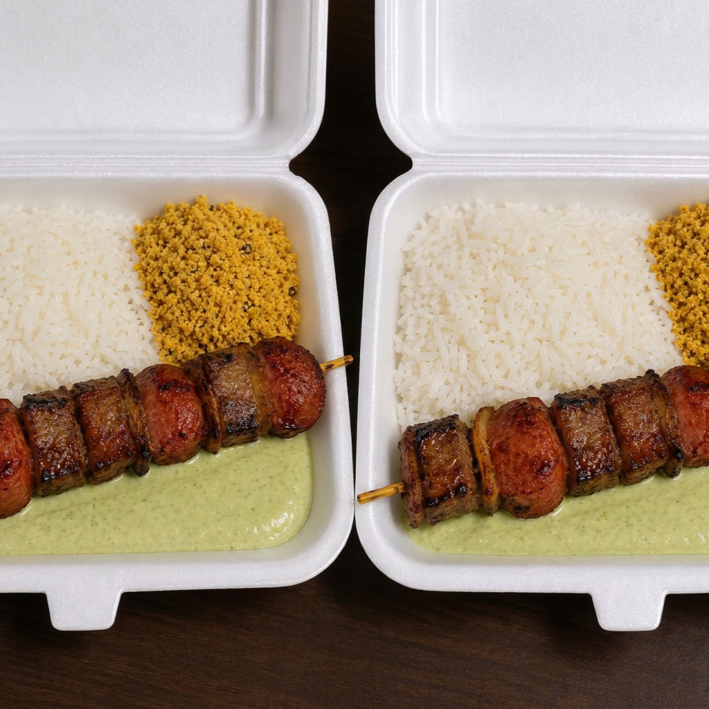 2 marmitas de espeto misto com aproximadamente 400g onde acompanha arroz, farofa, molho verde da casa e 1 espeto misto.