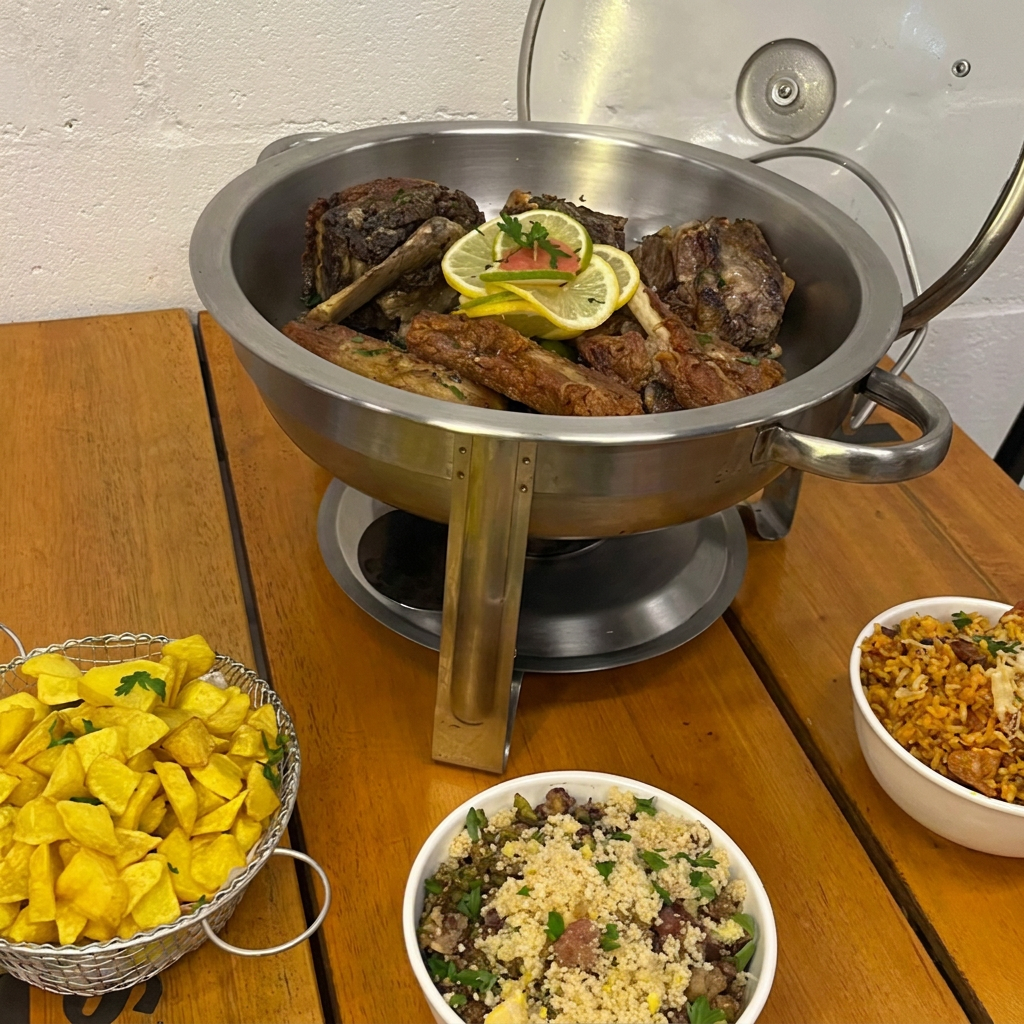 Costela bovina e suína em porção generosa, assada lentamente e finalizada na brasa para servir suculenta.