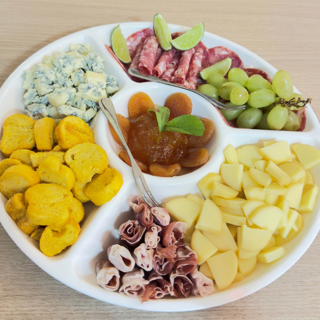 Presunto de Parma, Gorgonzola, provolone, salaminho, torradas, geleia de damasco e damasco para finalizar.
