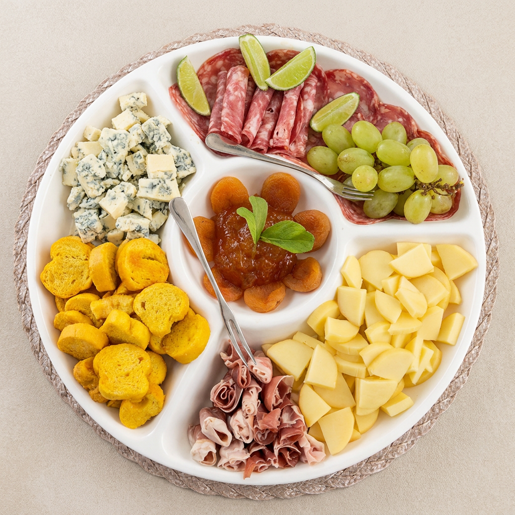 Presunto de Parma, Gorgonzola, provolone, salaminho, torradas, geleia de damasco e damasco para finalizar.