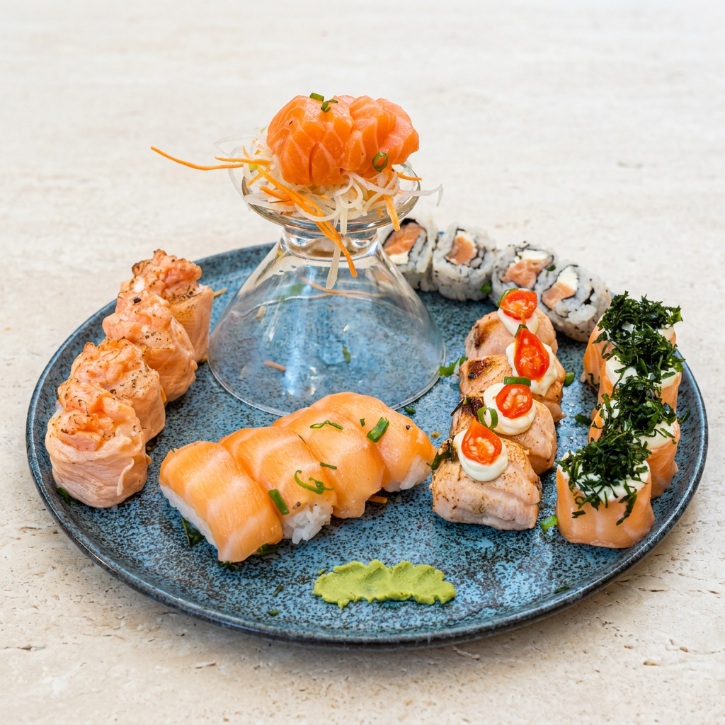 4- joy salmão maçaricado 4- joy com couve frito 4- maçaricado de salmão grelhado 4- uramaki salmão cru 4- nigiri salmão cru 4- sashimi salmão cru ( com cream cheese e cebolinha) Usamos Peminta biquinho geleia de Peminta e tare