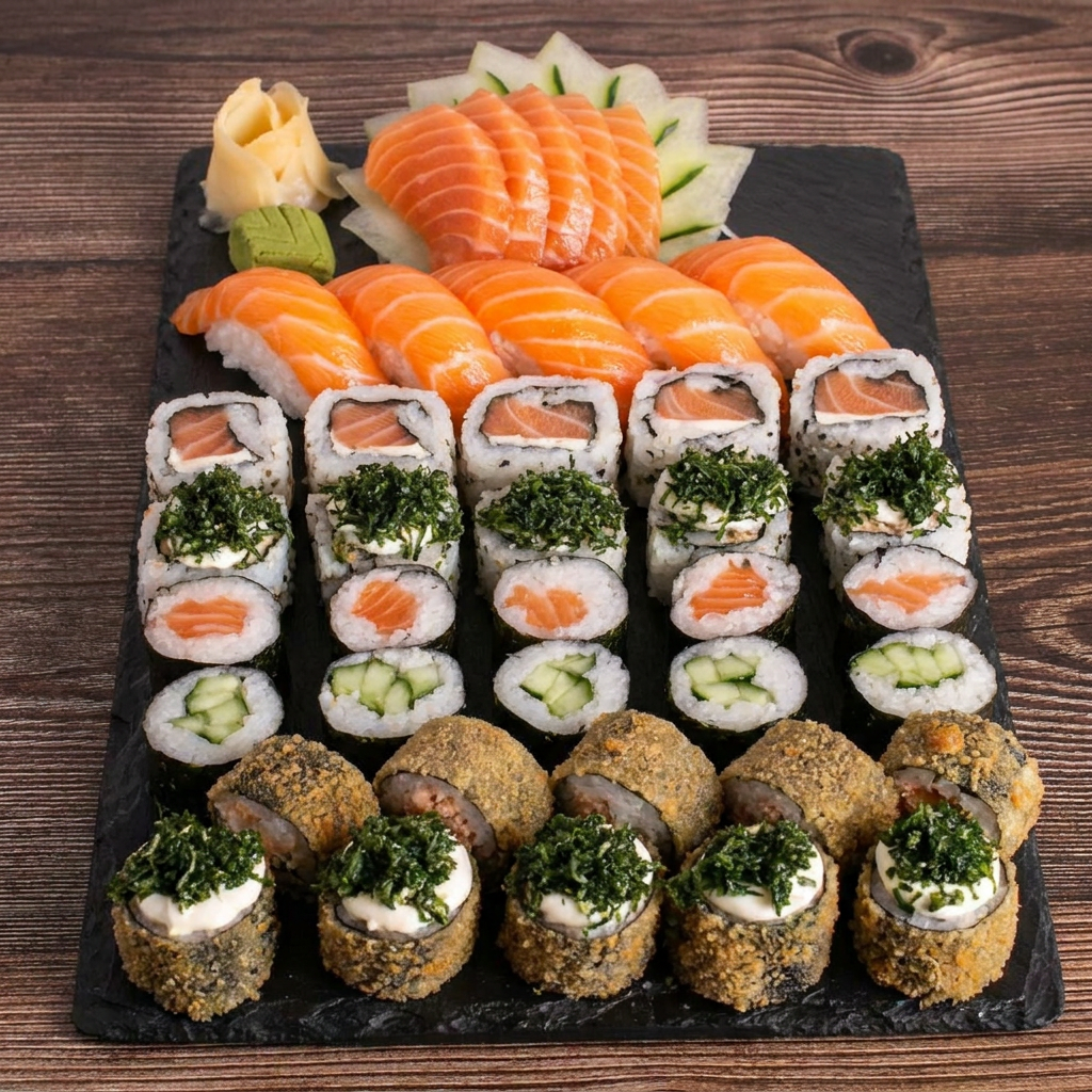 5 Sashimi de salmão,5 niguiri de salmão,5 uramaki de salmão, 5 uramai skin,5 Hossomaki de salmão, 5 kapamaki , 10 hot roll crispy