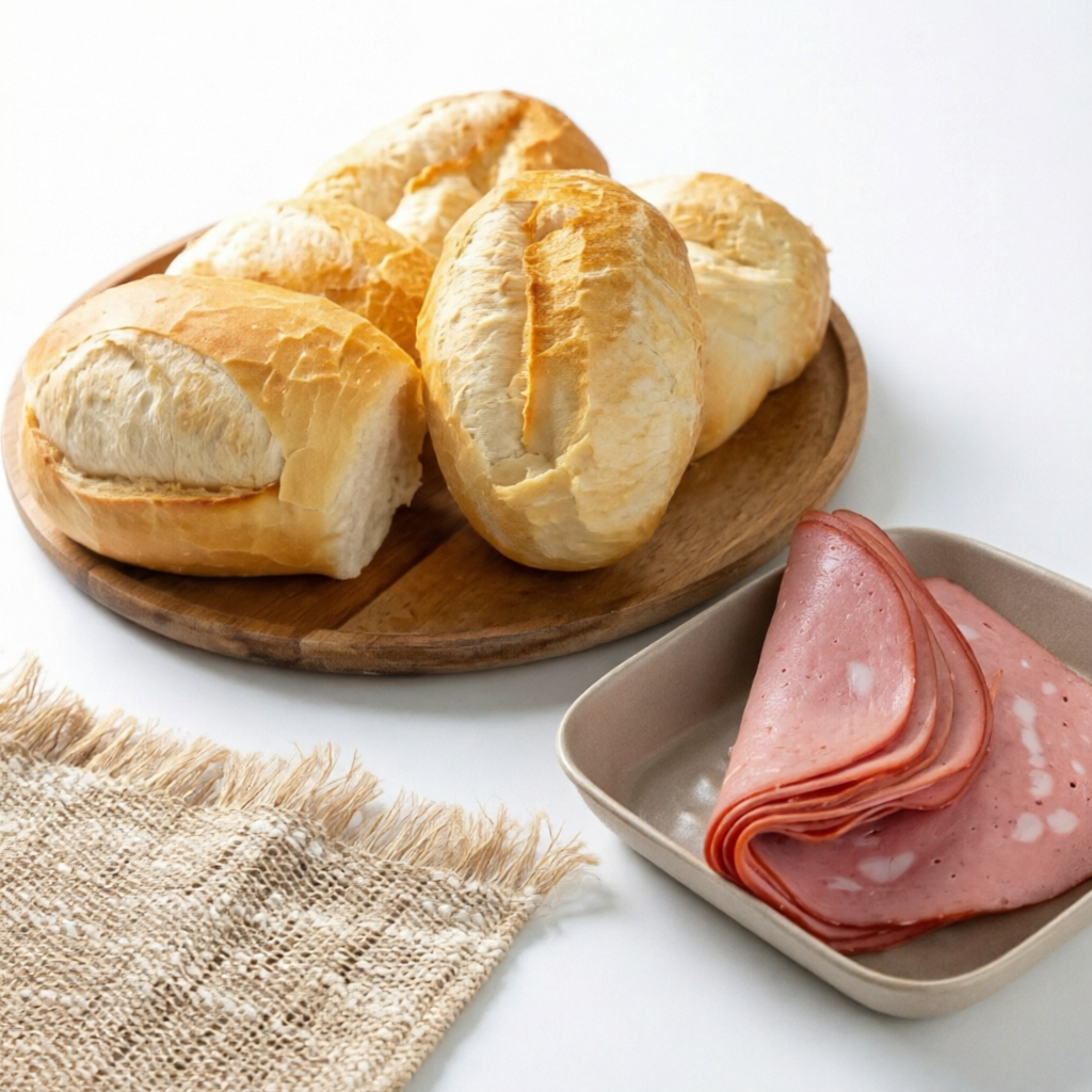 5 pães franceses fresquinhos + 200g de mortadela defumada fatiada. Uma combinação prática e saborosa para começar bem o dia.