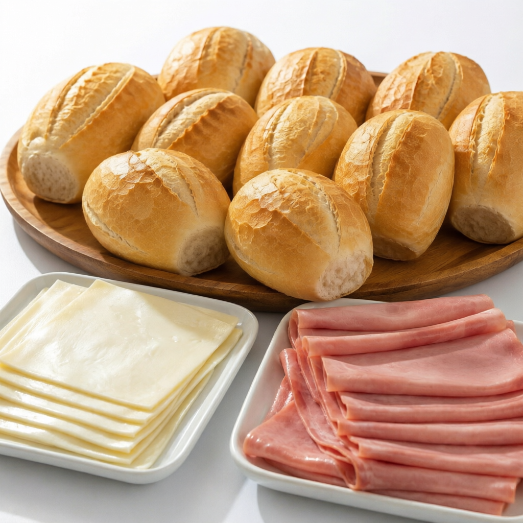 10 pães franceses + 200g de muçarela + 200g de presunto fatiado. Um café da manhã completo para compartilhar.