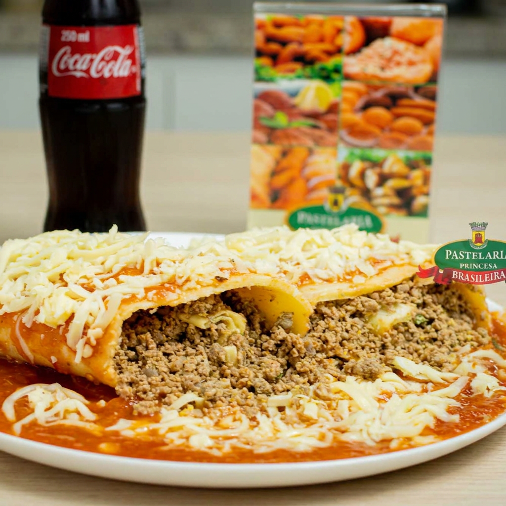 Panqueca de aproximadamente 650 gramas, coberta com molho de tomate e queijo derretido, recheada com carne moida e queijo