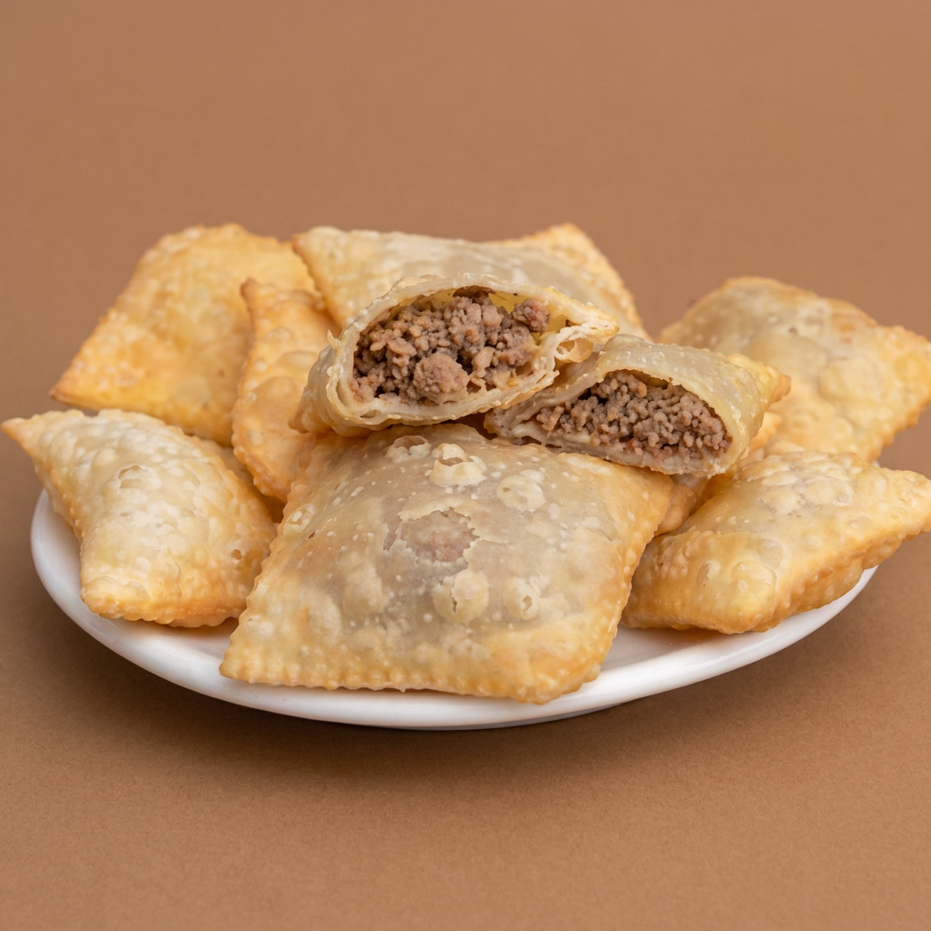 10 mini pastéis crocantes, recheados com saborosa carne bem temperada.