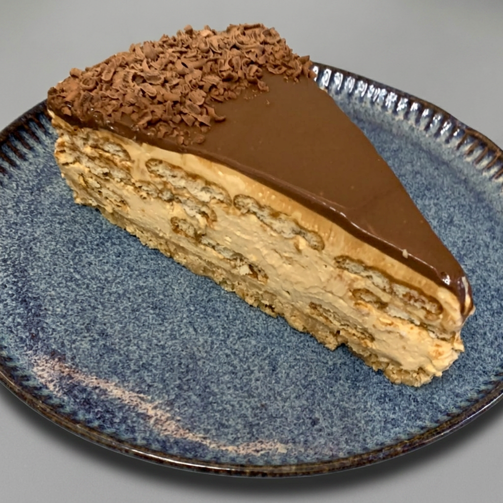 Base biscoito, creme argentino, bolacha molhada no café amargo e finalizada com ganache de chocolate meio amargo.