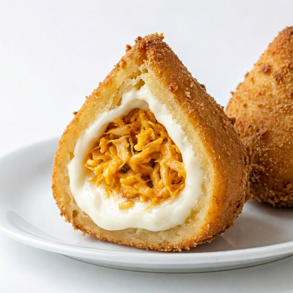 Coxinha com massa de batata leve e dourada, crocante por fora, recheada com frango desfiado e catupiry cremoso. Sabor equilibrado, textura impecável e aquele toque sofisticado que transforma o simples num irresistível.