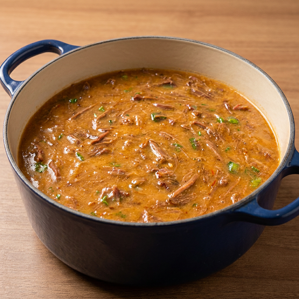 Caldo de mandioca com costela desfiadinha, bem cremoso, saboroso e preparado com temperos especiais. Uma delícia quentinha e cheia de sabor!