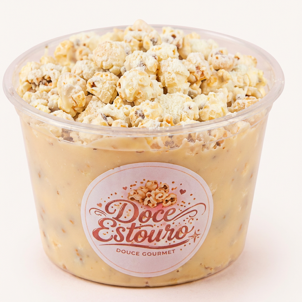 PIPOCA CARAMELIZADA DE 500 ML POTE MEDIO BALHADA NO CHOCOLATE BRANCO E COBERTA COM LEITE NINHO DA NESTLE