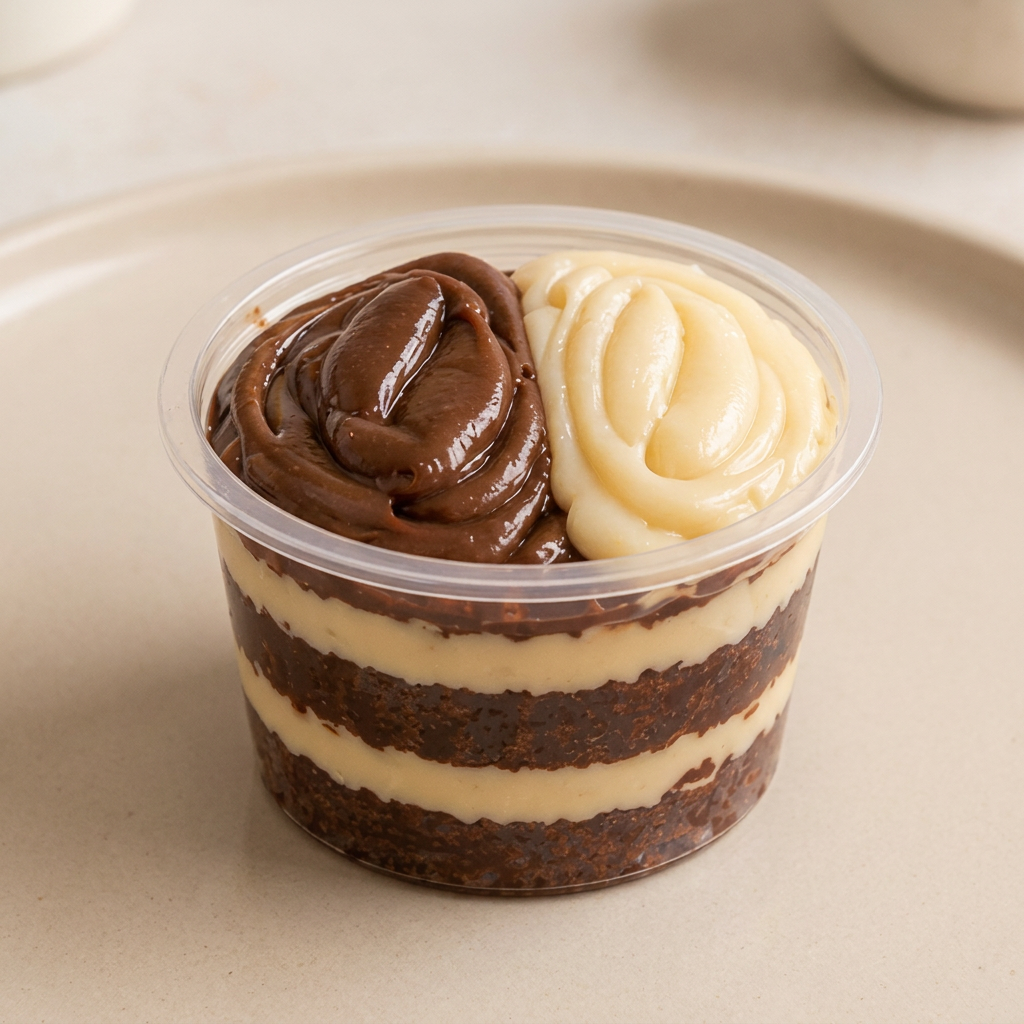 🍰 Bolo de Pote Casadinho
A união perfeita do chocolate com o creme branco em camadas generosas. Um clássico amado, cremoso e cheio de sabor em cada pedaço! 🍫