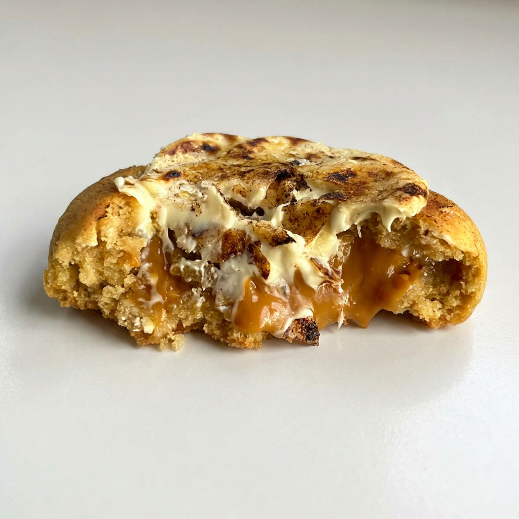 Massa tradicional de baunilha com gotinhas de chocolate branco, recheado com doce de leite e brigadeiro de banana, finalizado com uma cama de chocolate branco flambado e canela.