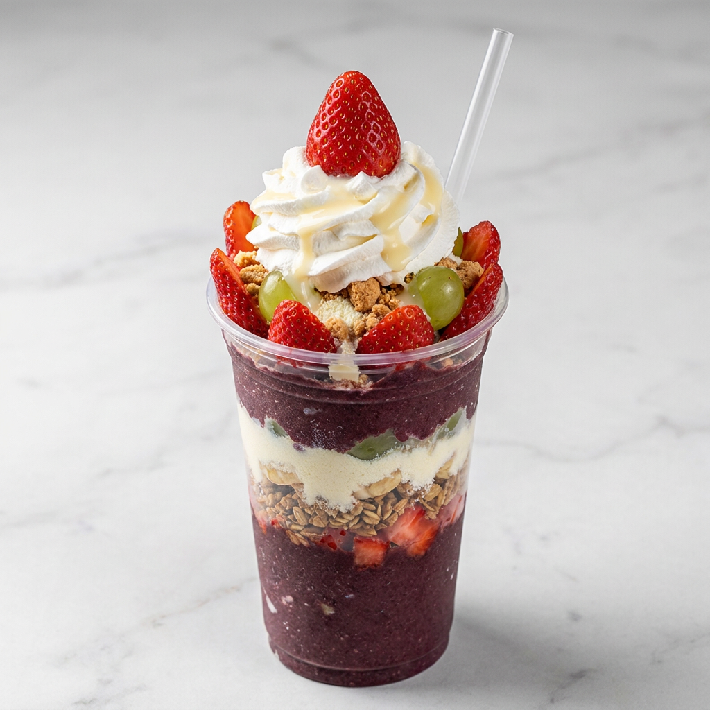 500ml - Açaí Batido com Morango ou Banana, Calda de Morango, Leite em Pó DOBRADO, Paçoca, Granola, Morangos Picados, Leite Moça, Chantilly, Canudinho,